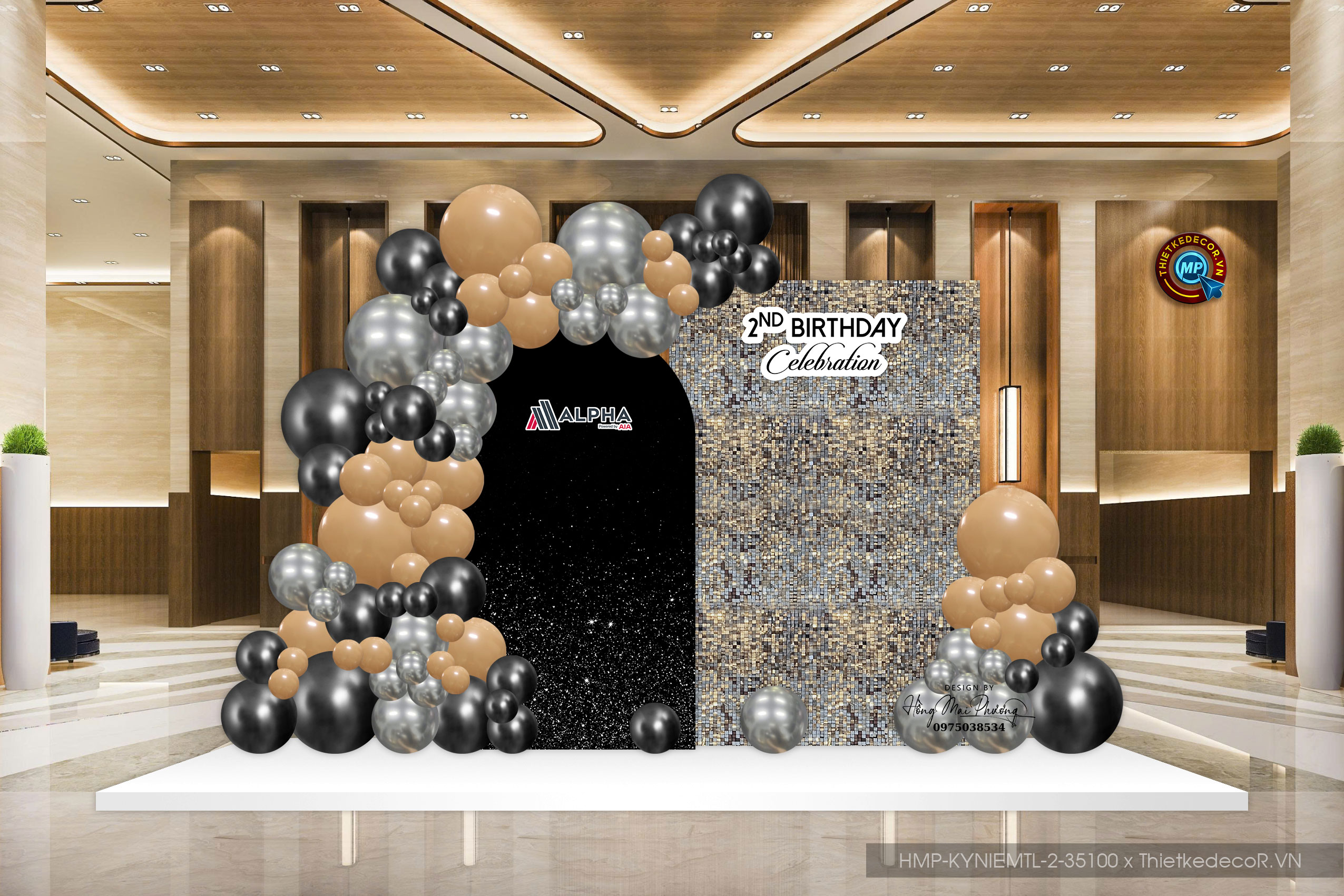 Backdrop kỉ niệm thành lập công ty tone đen bạc lấp lánh sang trọng